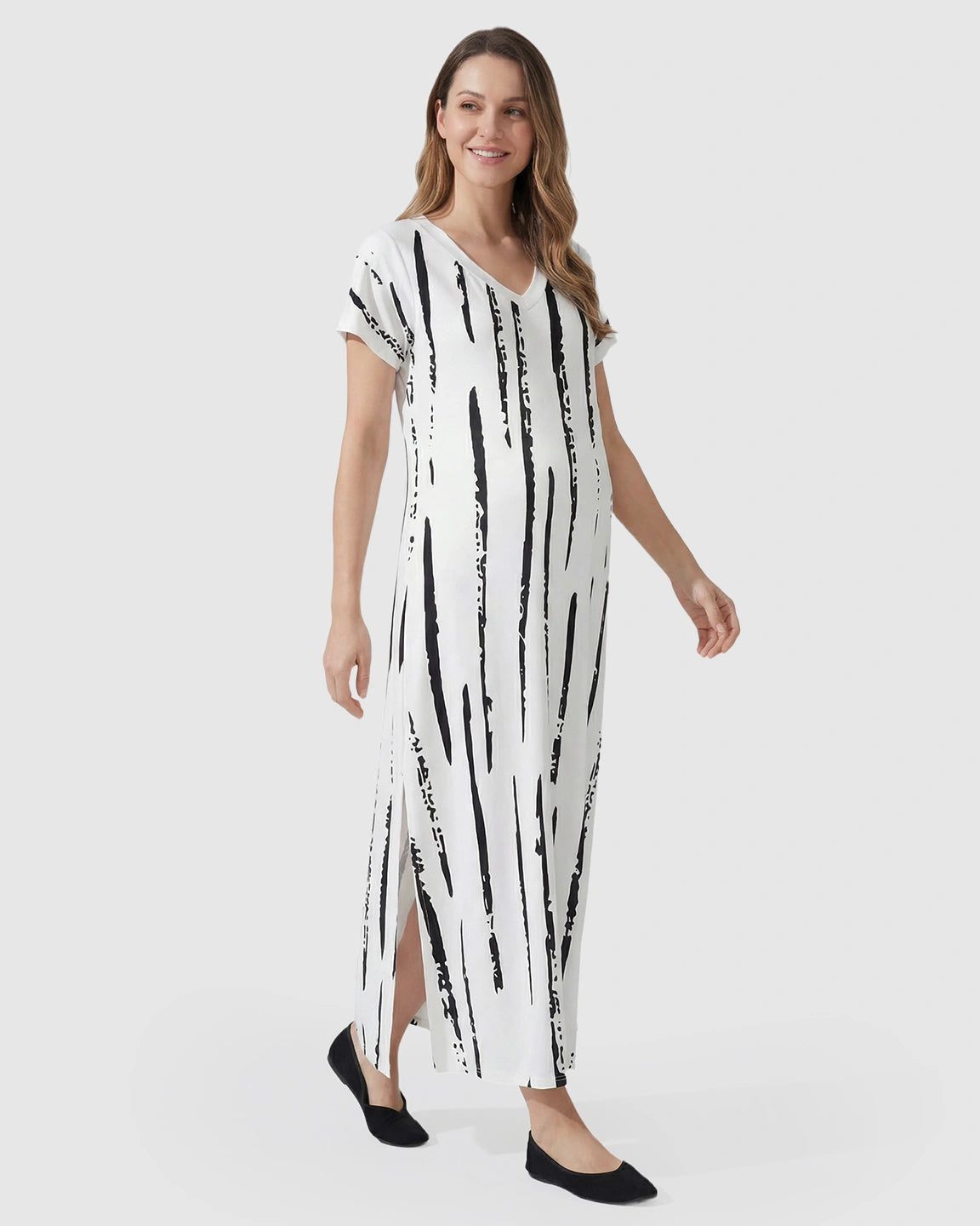 Striped V-Neck Oversized Maternity Caftan Dress