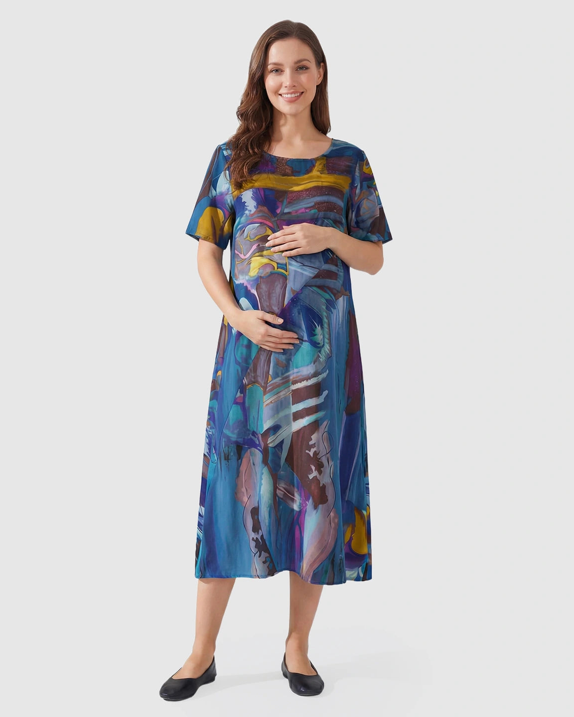 Blue Abstract A-Line Maternity Midi Dress