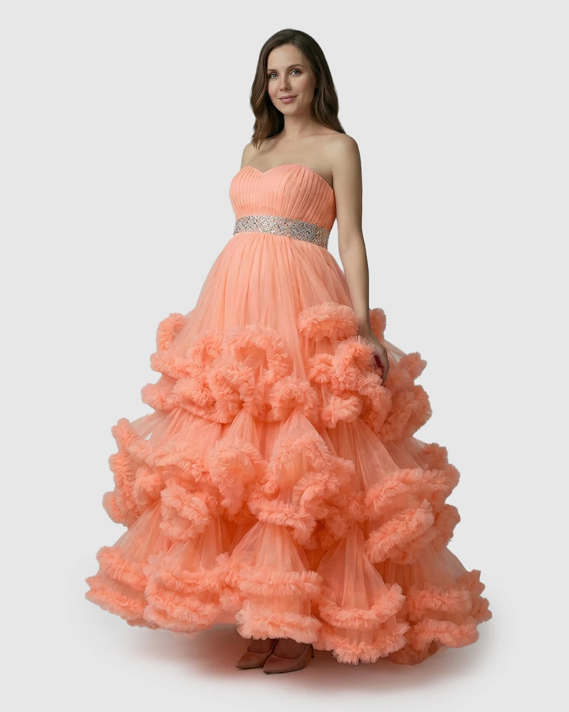Strapless Bodice Multi-Layered Ruffled Skirt Maternity Photoshoot Dress