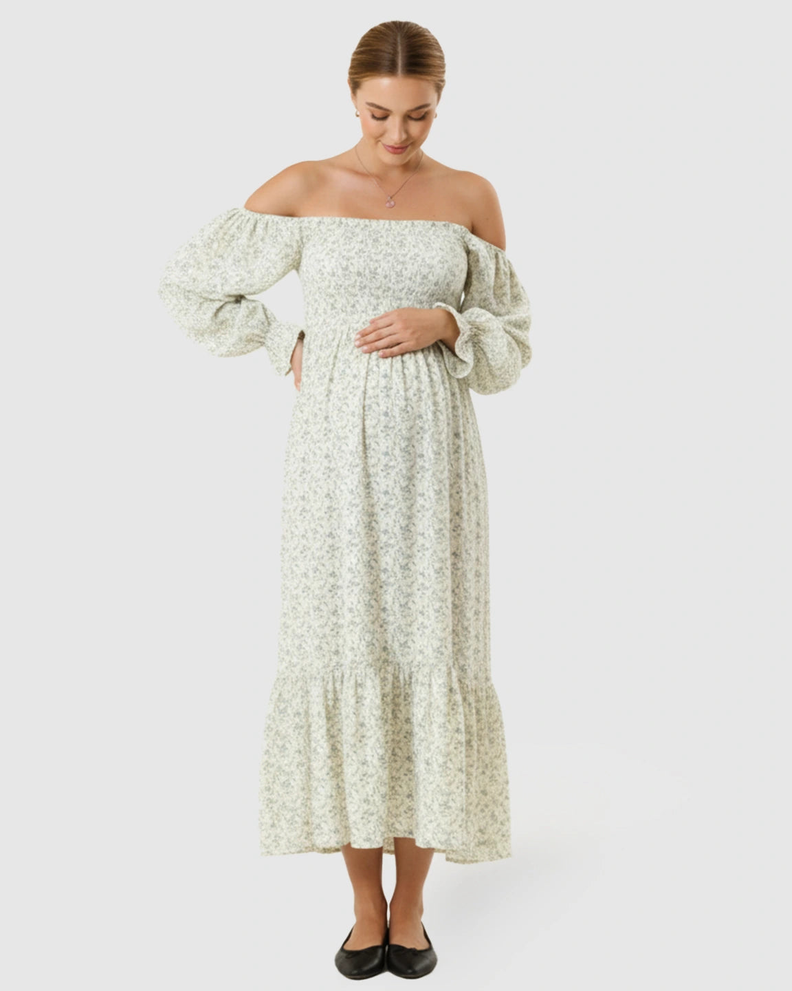 Floral Off-Shoulder Smocked Bodice Maternity Maxi Dress