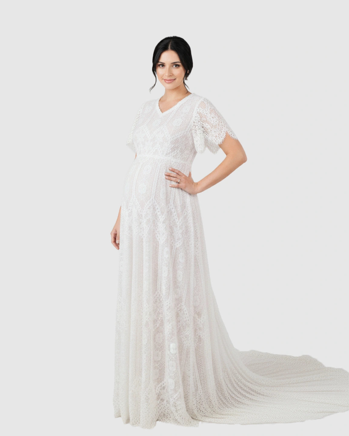 Vintage Lace Flutter-Sleeve Maternity Gown