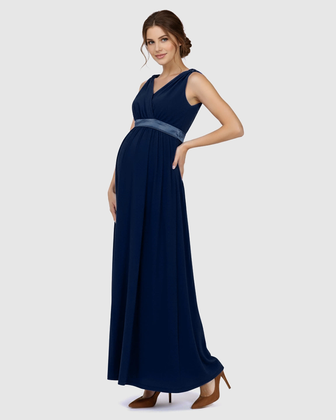 Fitted-Waist V-Neck Maternity Dress