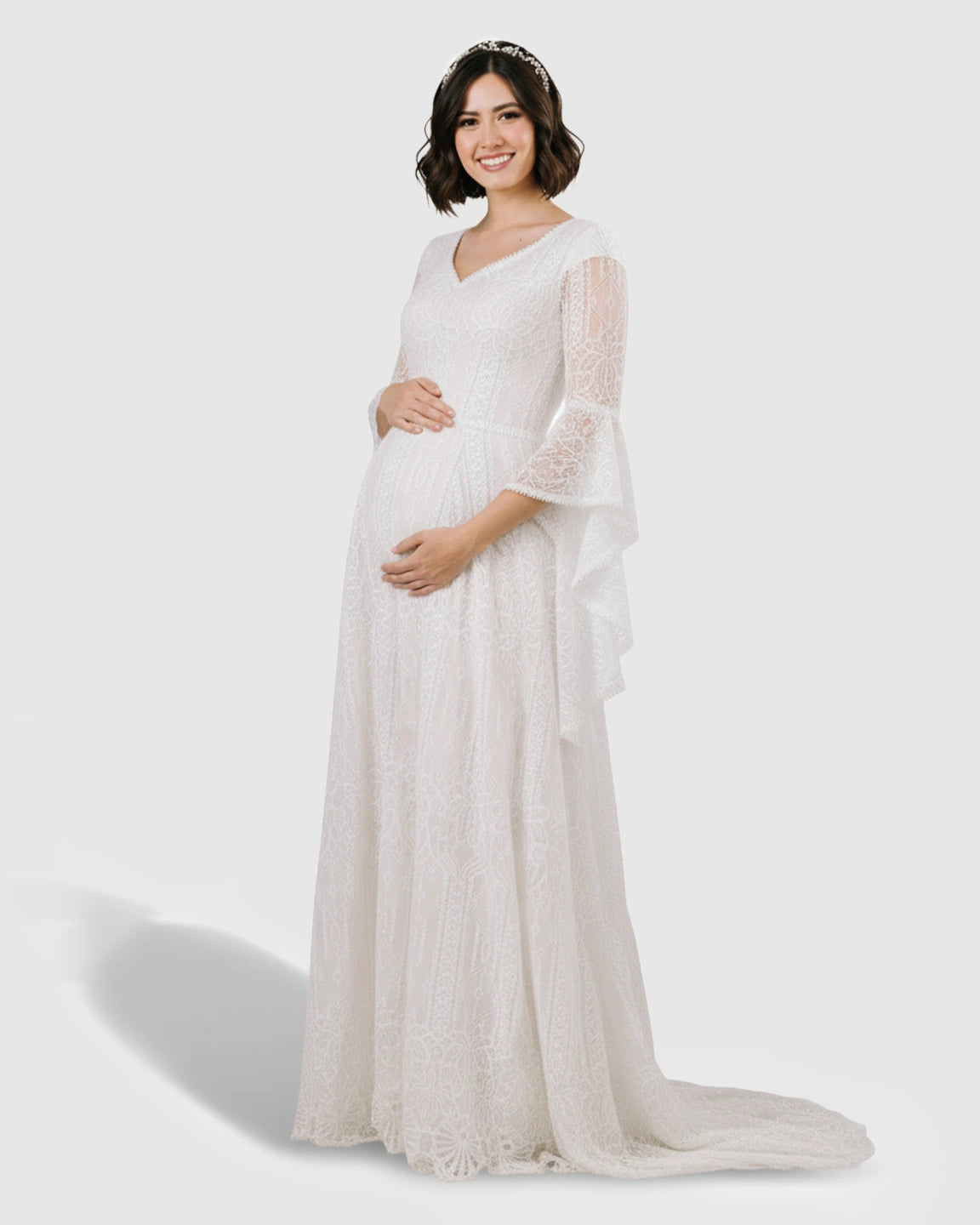 Lace Bell-Sleeve Floor-Length Maternity Gown