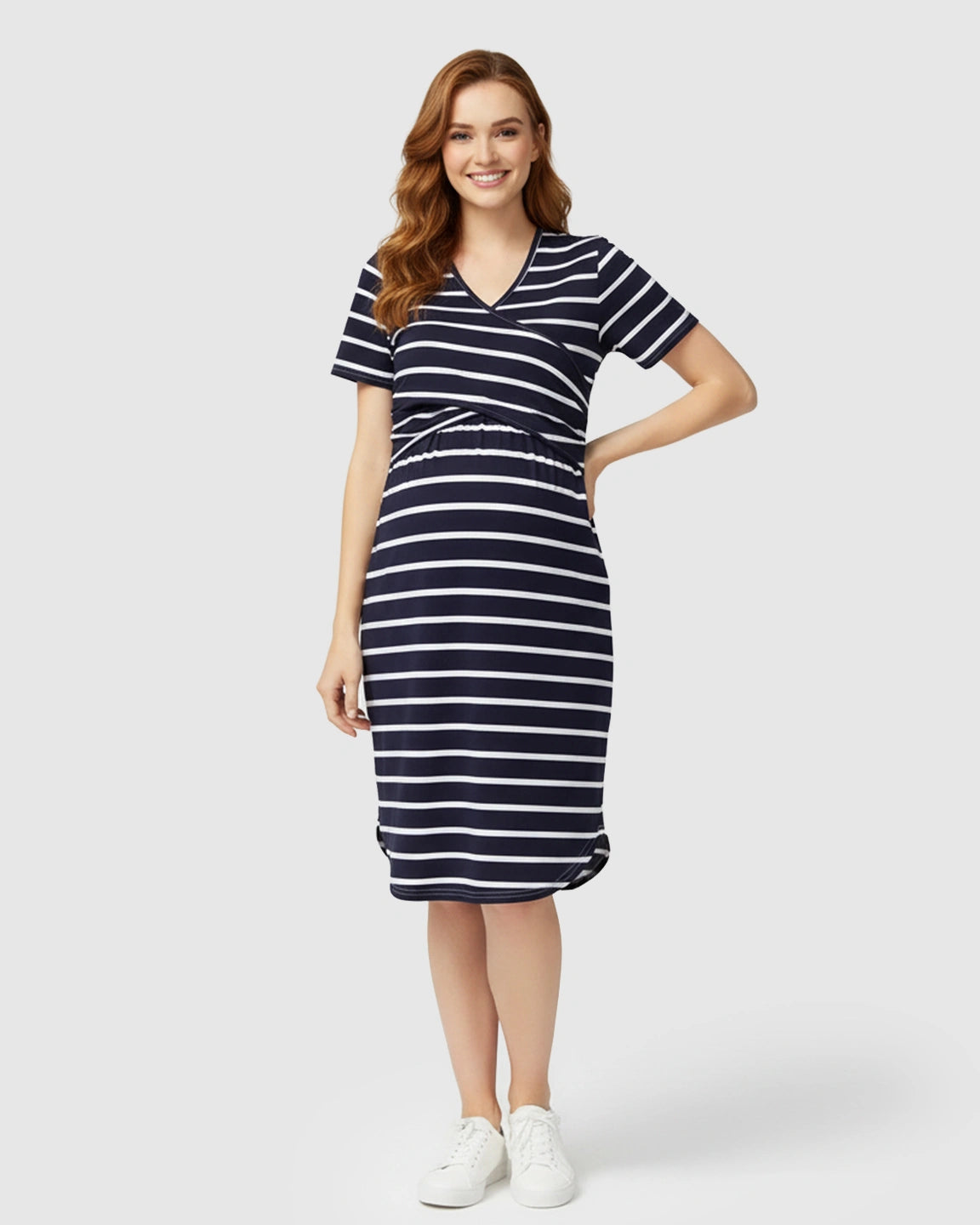 Striped-Crossover Fitted Nursing Maternity Midi Dress