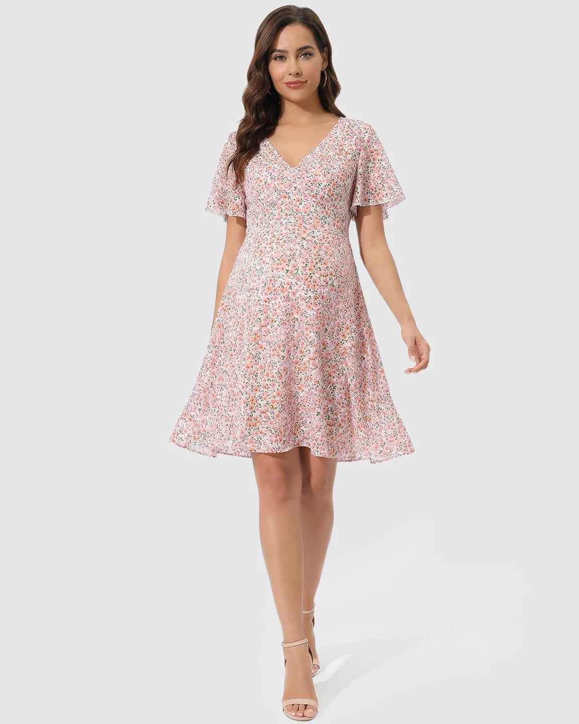Flounce-Sleeve Floral A-Line Maternity Mini Dress