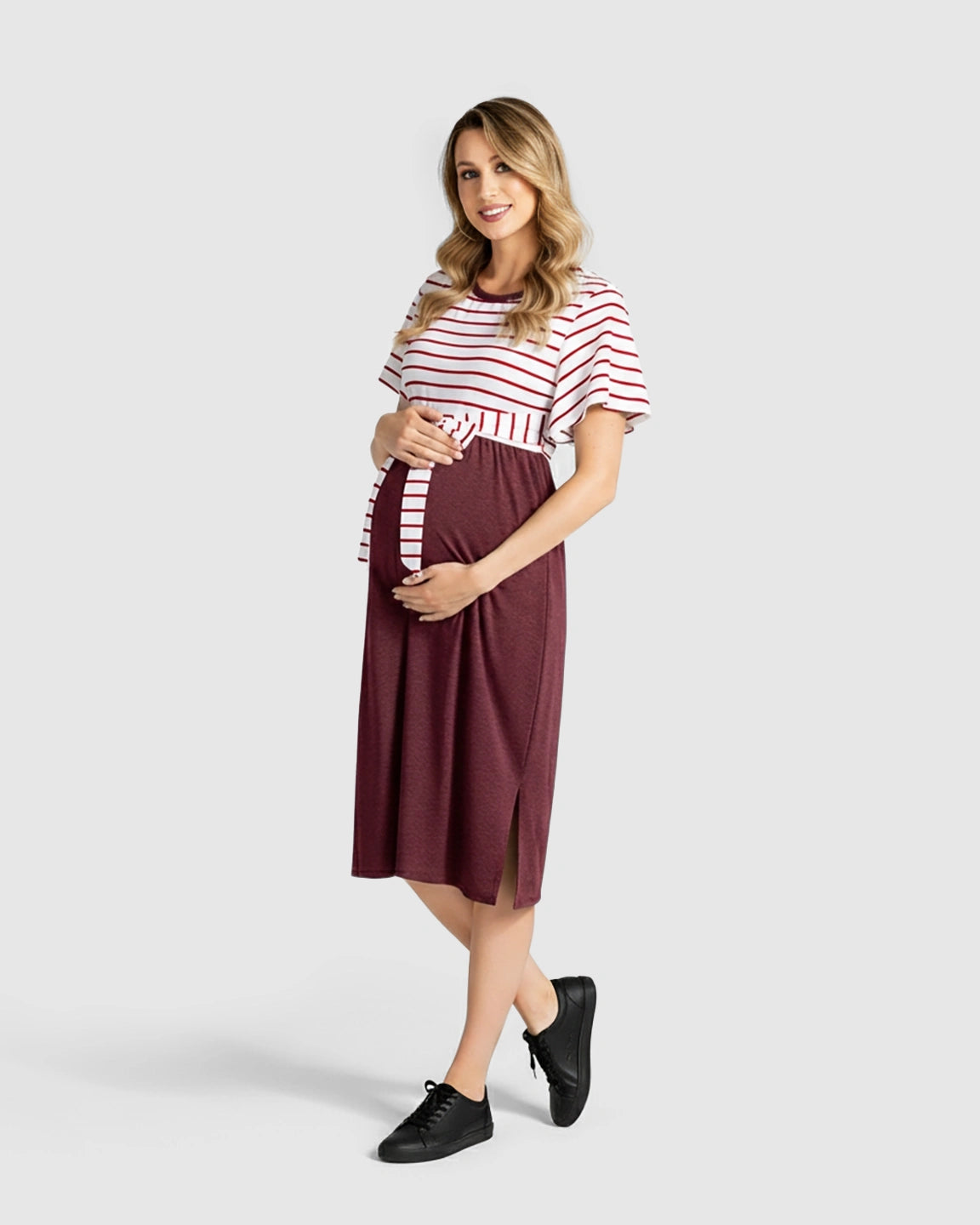 Striped Tie-Waist Casual Maternity Midi Dress