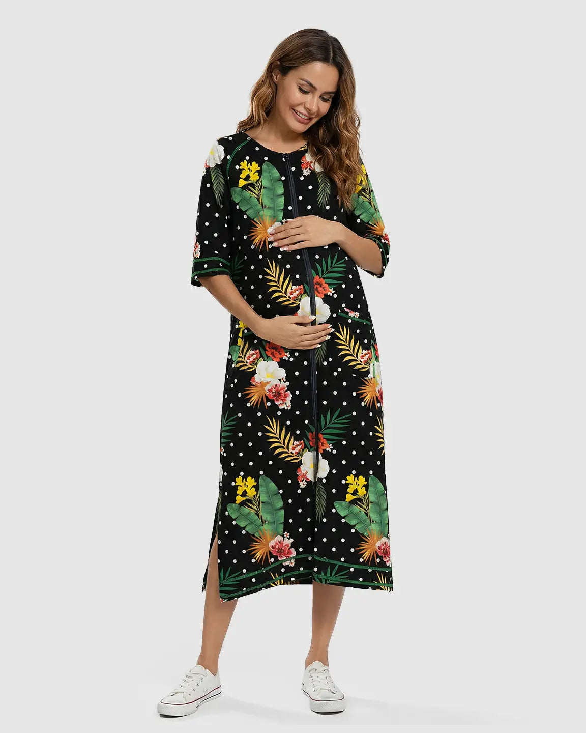 Zip-Front Tropical Print Maternity & Nursing Lounge Dress