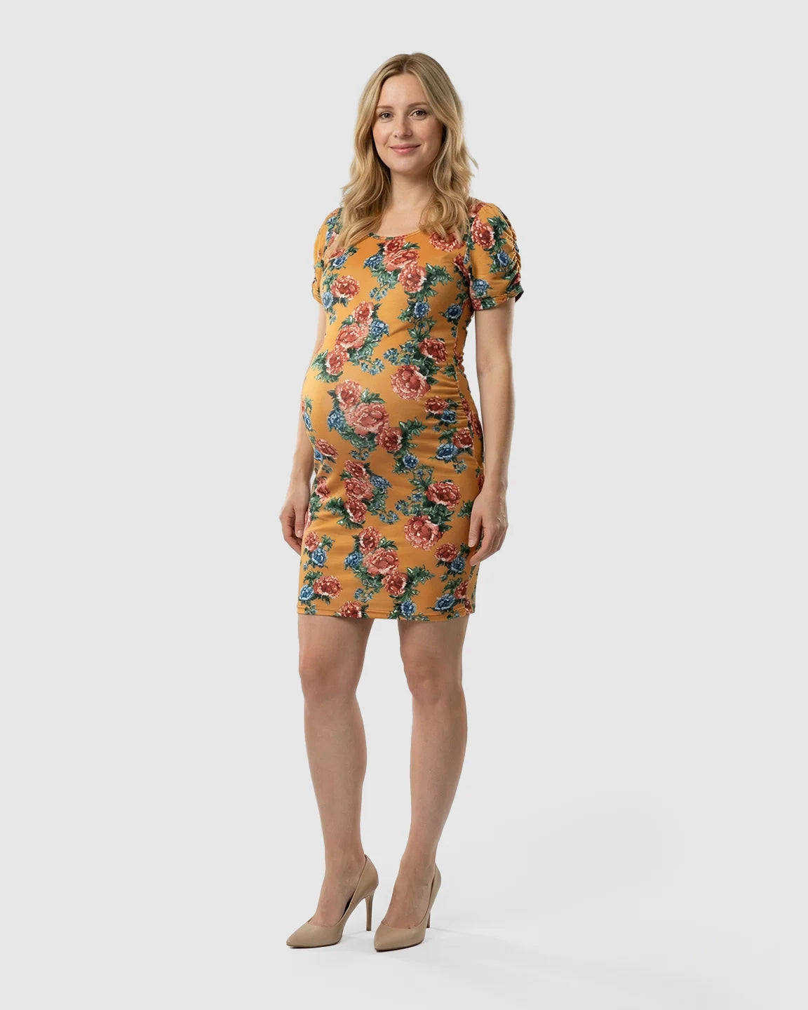 Side-Ruched Floral Maternity Midi Dress