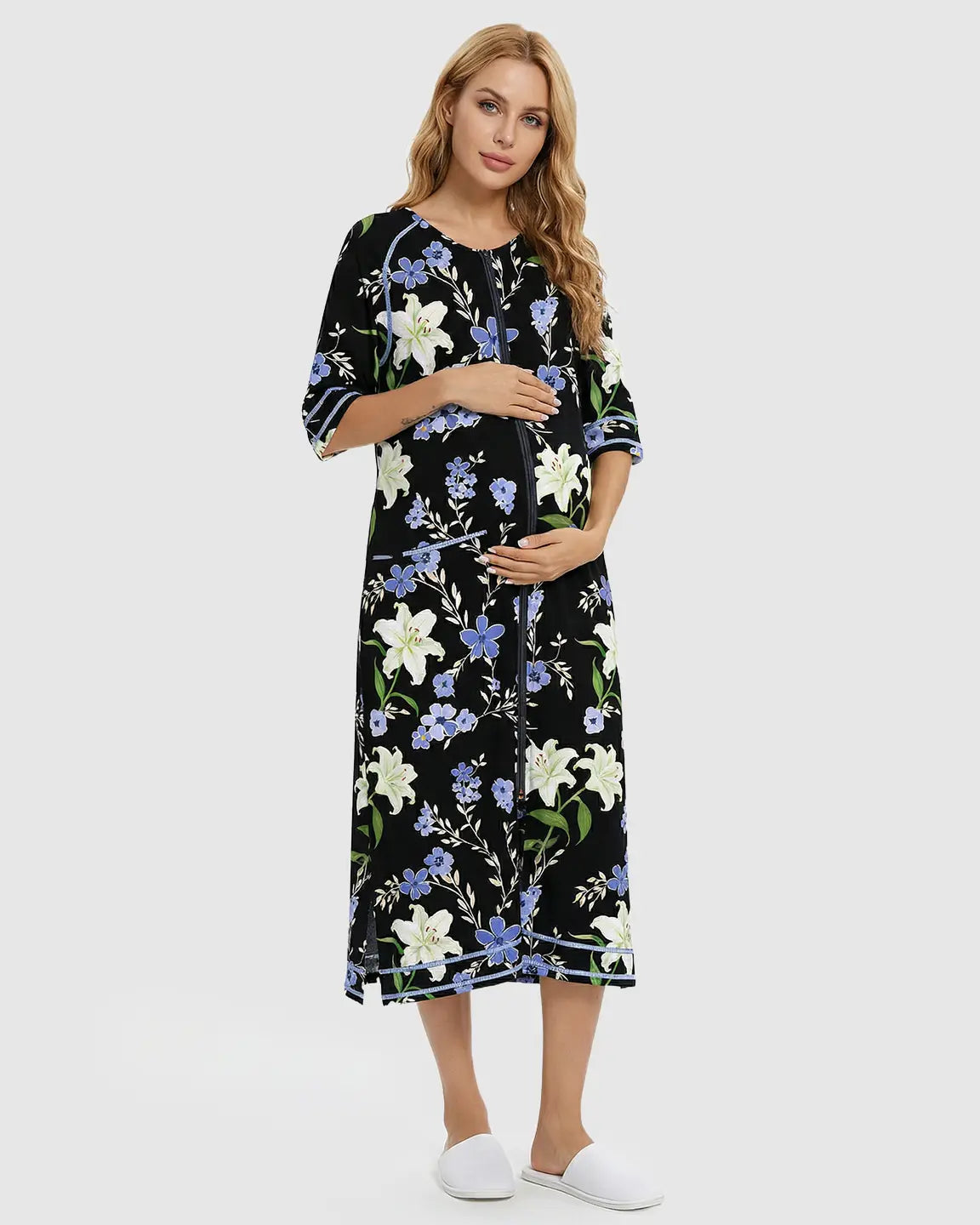Side-Slit Floral Maternity & Nursing Lounge Dress