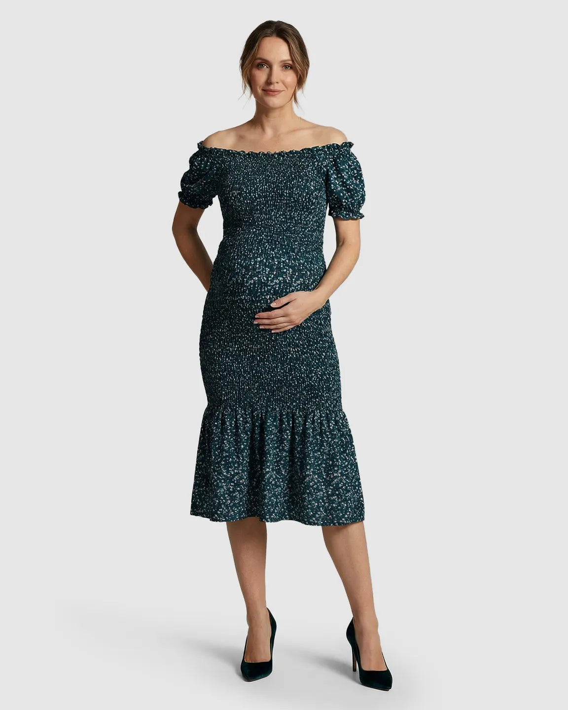 Puff Sleeve Smocked Maternity Midi Dress