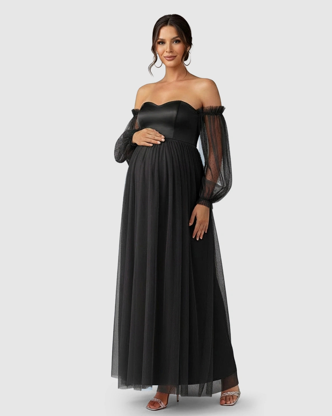 Off-Shoulder Mesh-Sleeve Maternity Gown