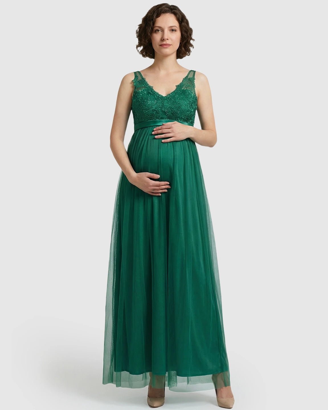 Lace-Trim Tulle Maternity Maxi Dress