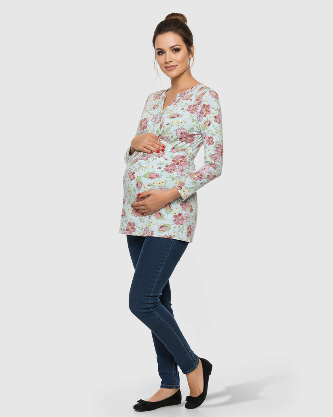Adjustable Waist Casual Floral Maternity Top