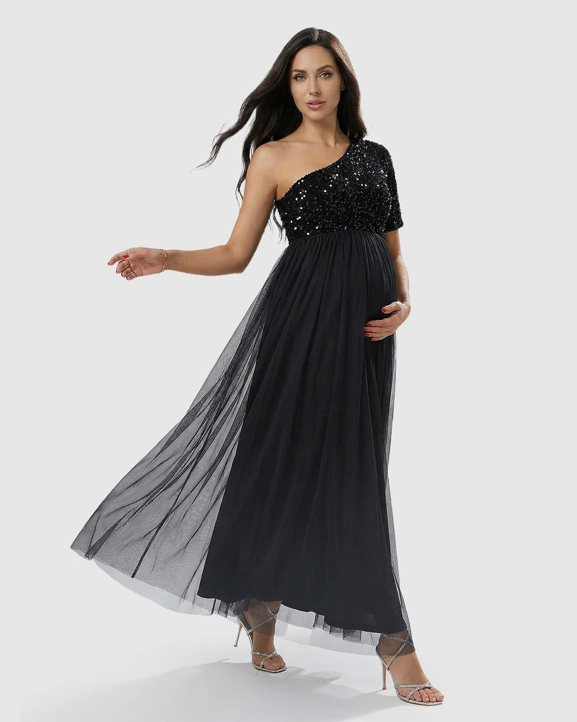 Sequin One-Shoulder Flowing Mesh Maternity Maxi Dress