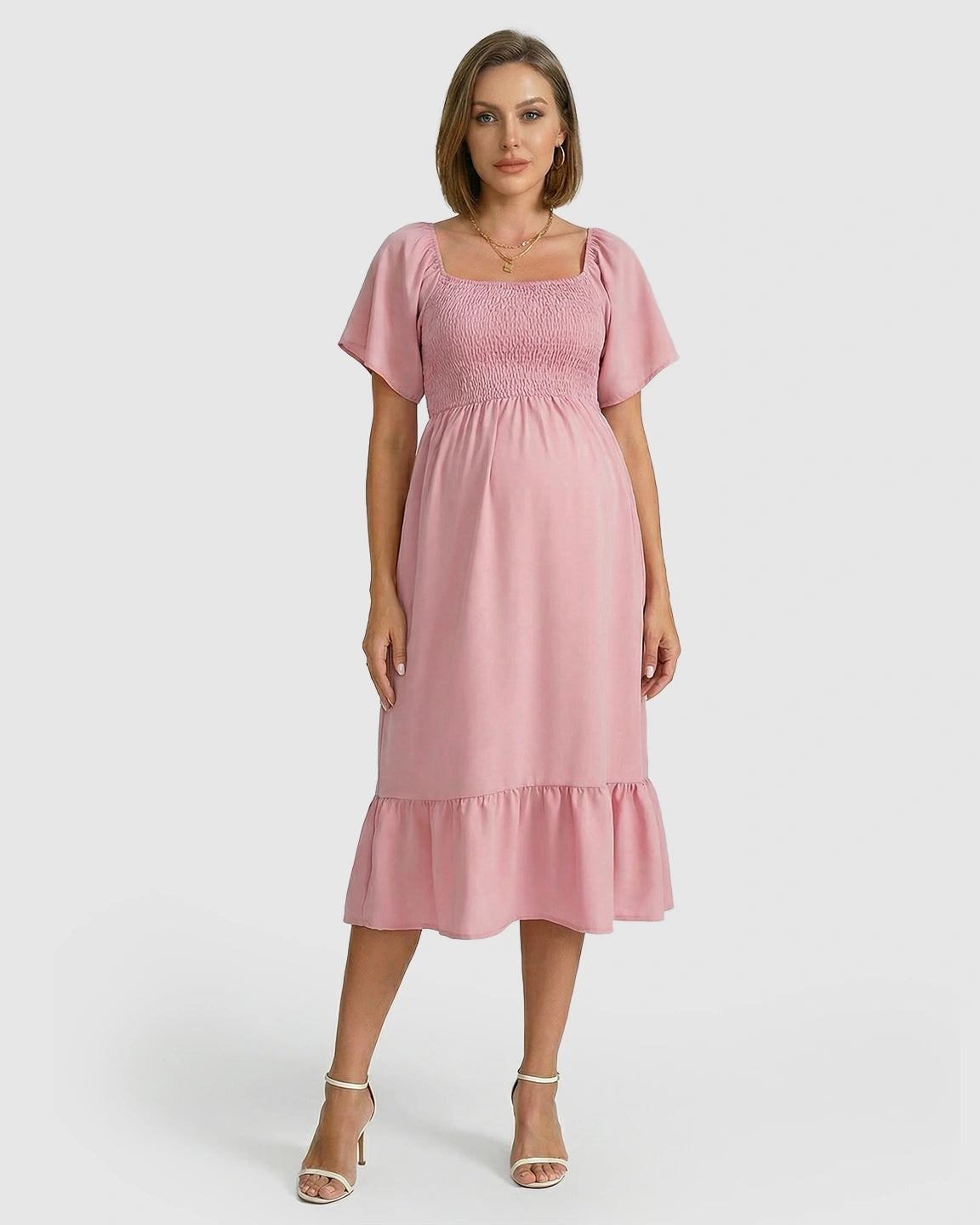 Smocked Square Neck Ruffled A-line Maternity Dress