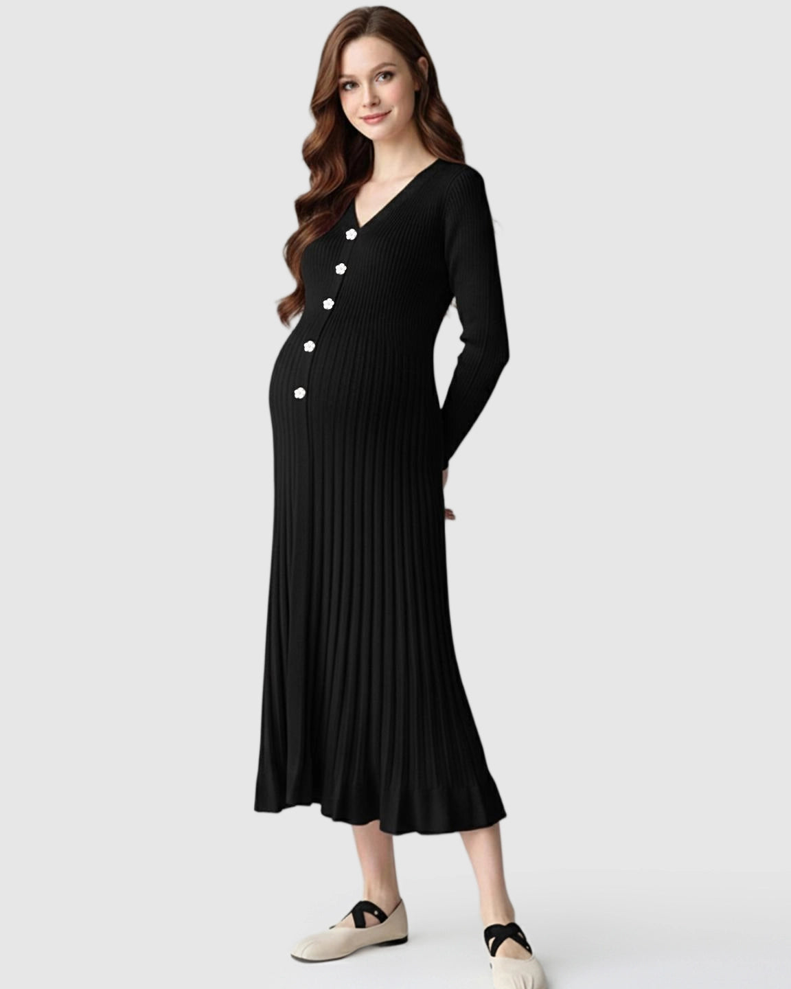 Ribbed Knit Long Sleeve Maternity Midi Dress