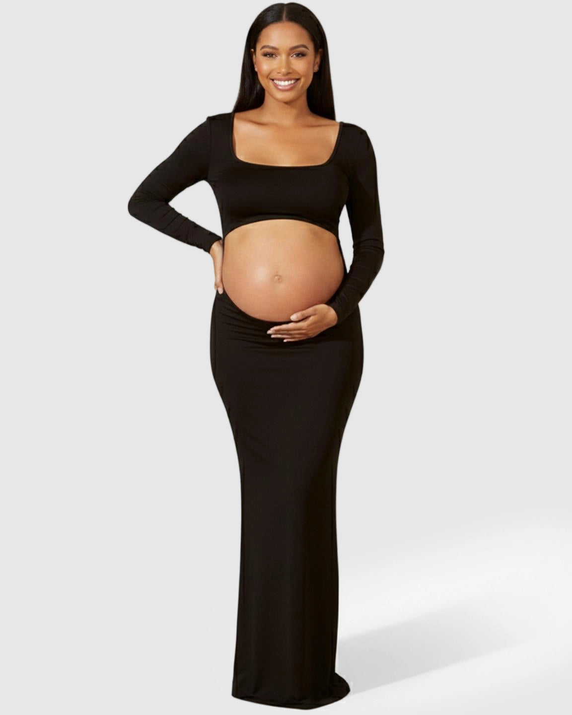 Long Sleeve Bump-Revealing Bodycon Maternity Maxi Dress