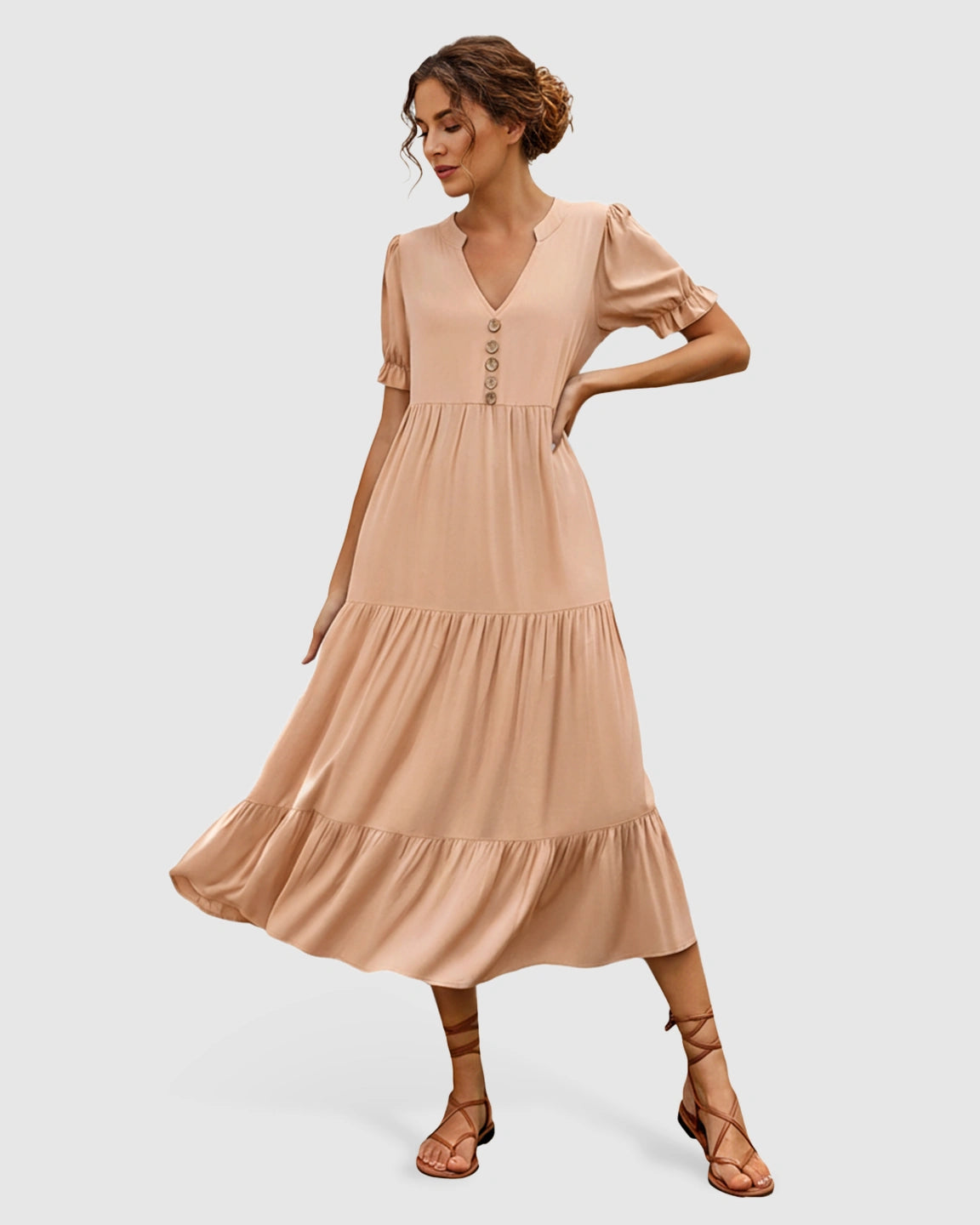 Stand-up Collar Tiered Skirt Maternity Midi Dress