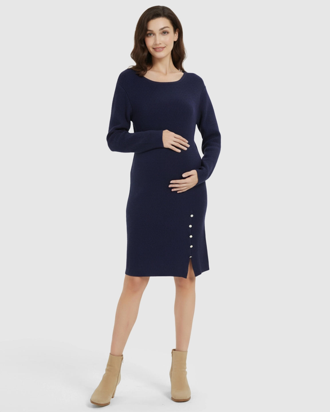 Long-Sleeve Bodycon Maternity Sweater Midi Dress