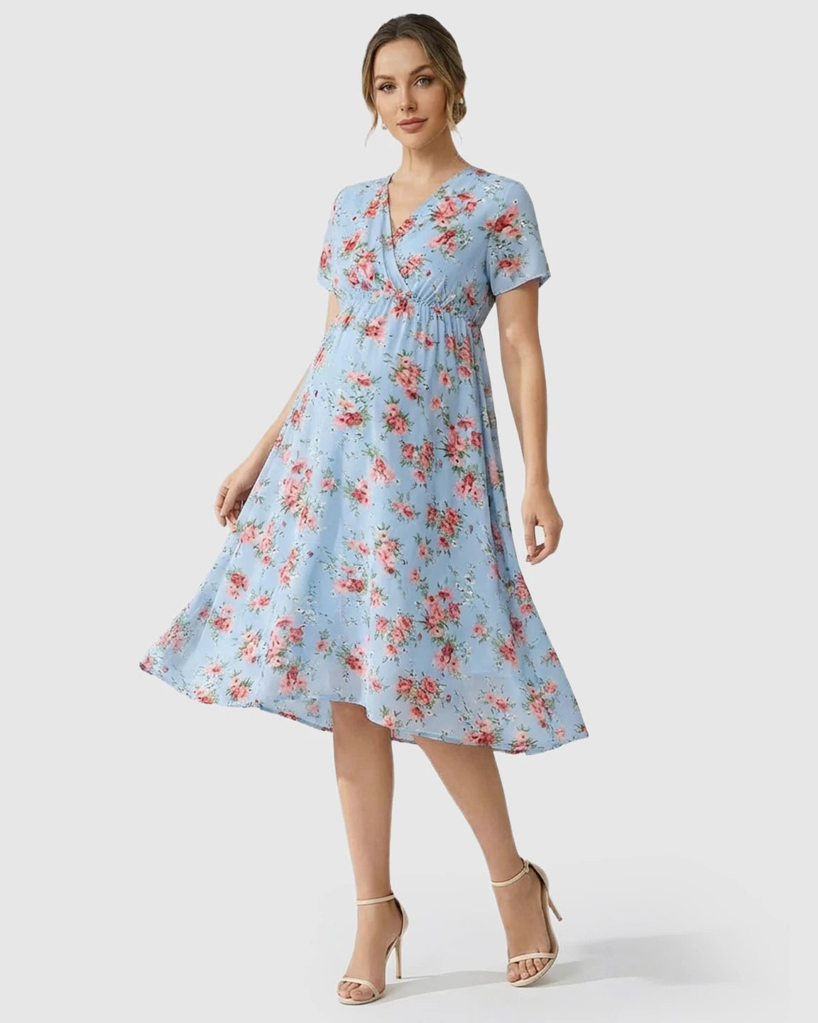 Chiffon Fabric Floral Print Maternity Midi Dress