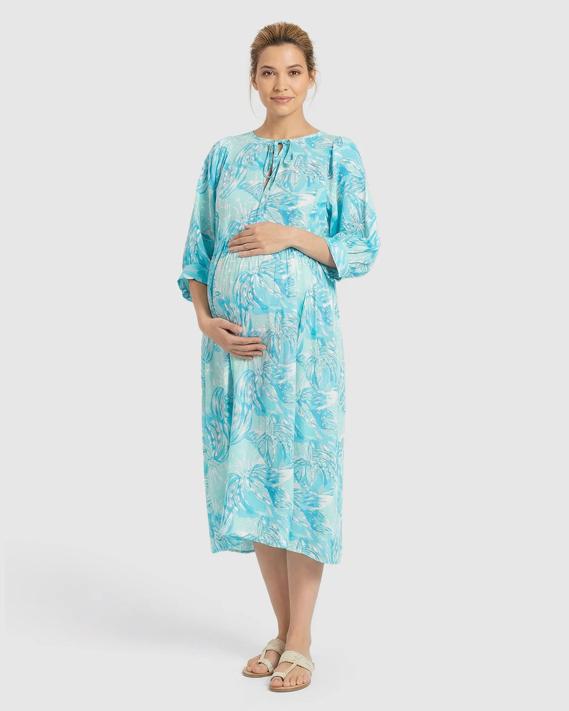 Drawstring Keyhole Neck Floral Maternity Midi Dress