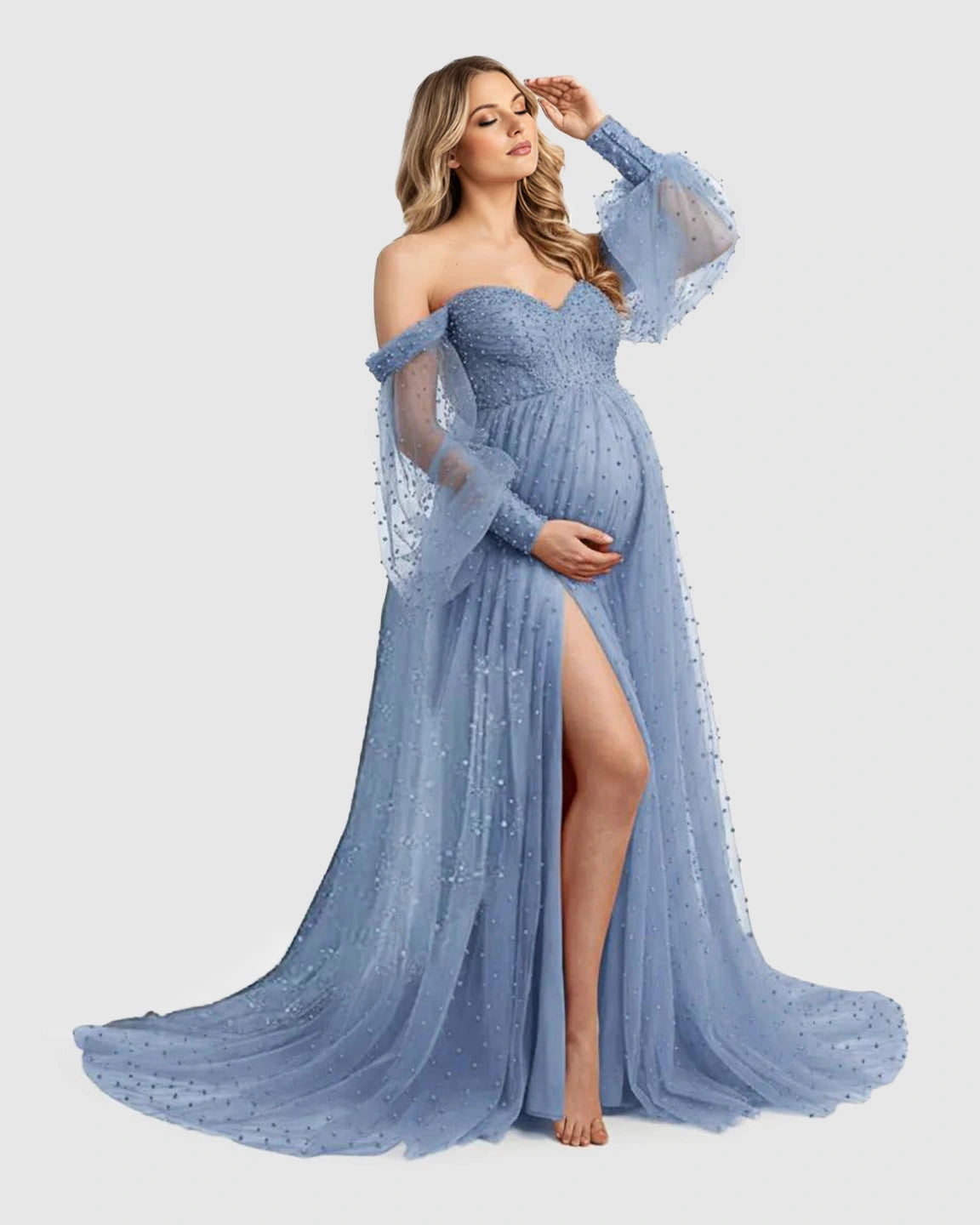 Off-Shoulder Tulle Train Maternity Gown