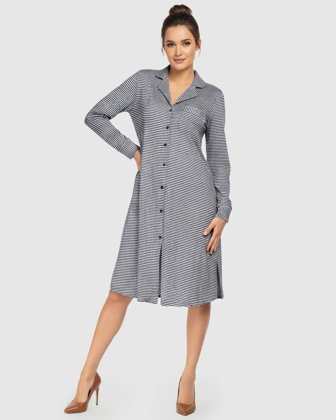 Striped Button-Front Shirt Style Maternity Sleepwear