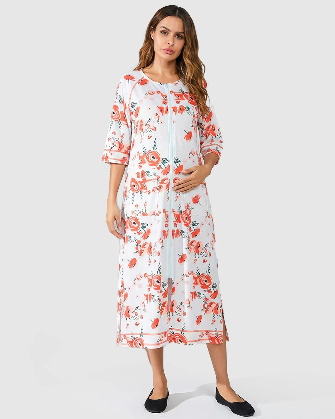Front Zipper Floral Maternity Nursing Lounge Dress