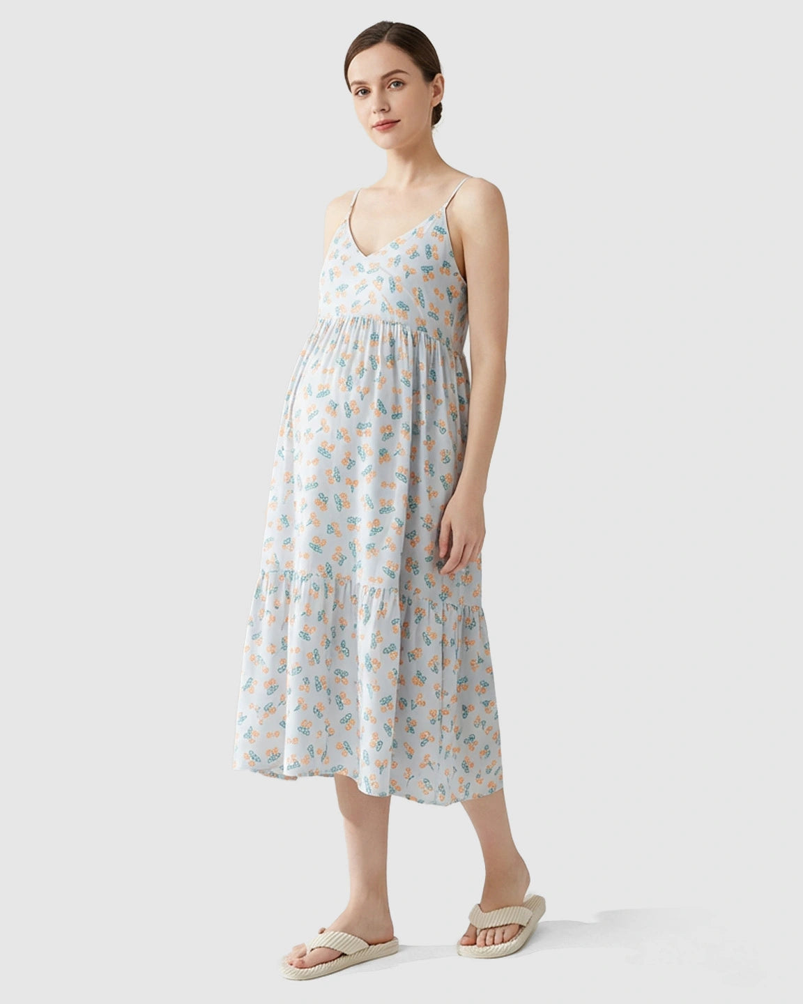 Spaghetti Strap Tiered Skirt Maternity Nightdress