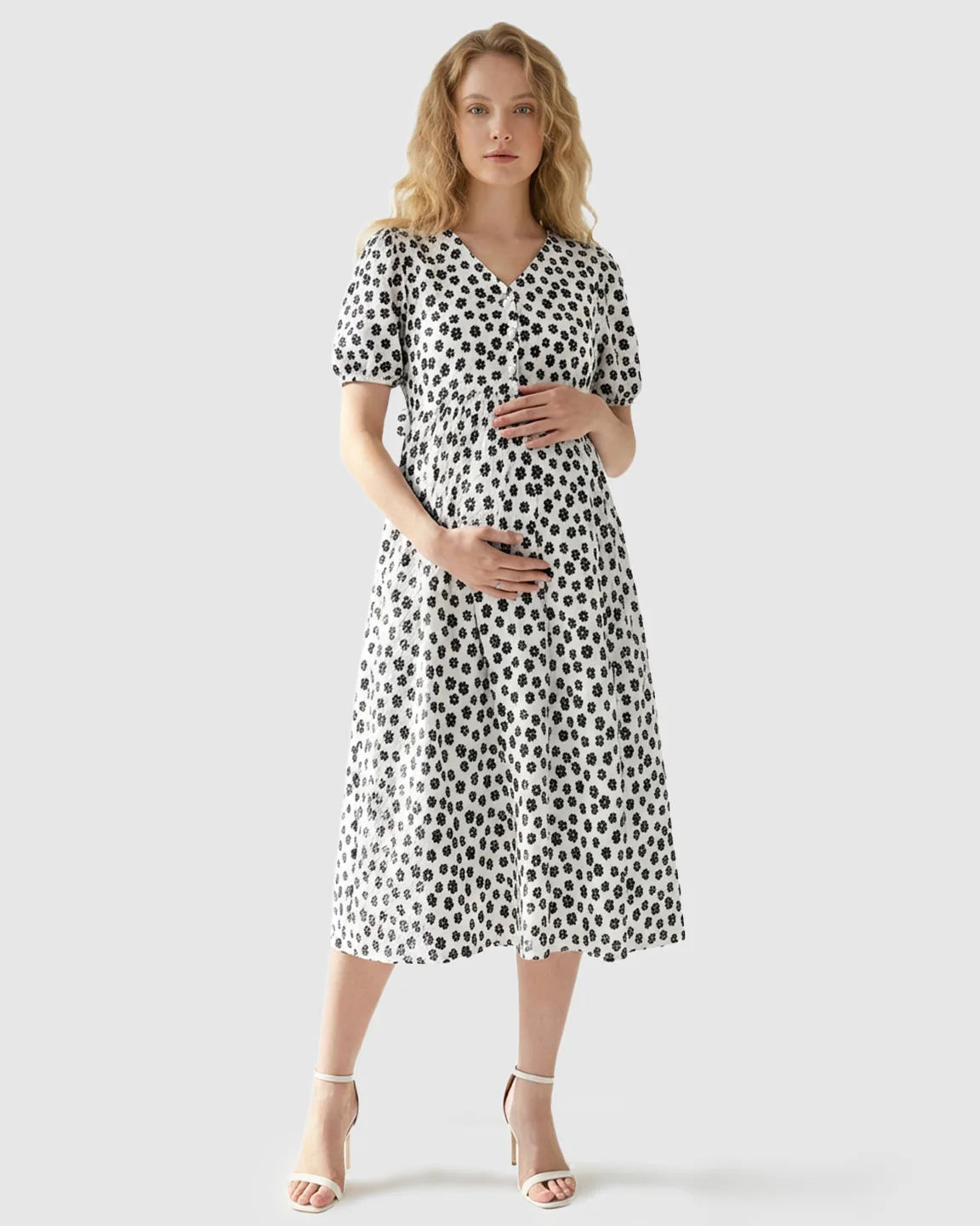 Button-Front Floral Print Maternity Nursing Dress