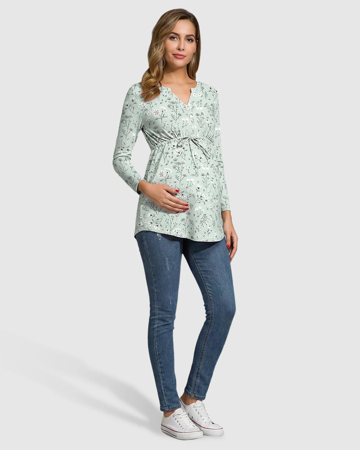 Notch Neckline Floral Drawstring Maternity Tunic Top