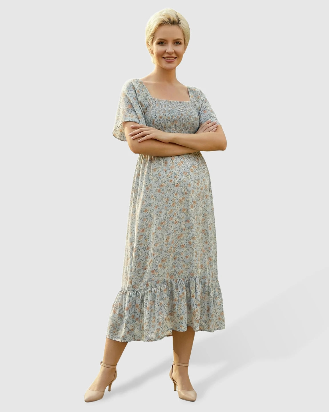 Smocked Bodice Square Neck Maternity Midi Dress