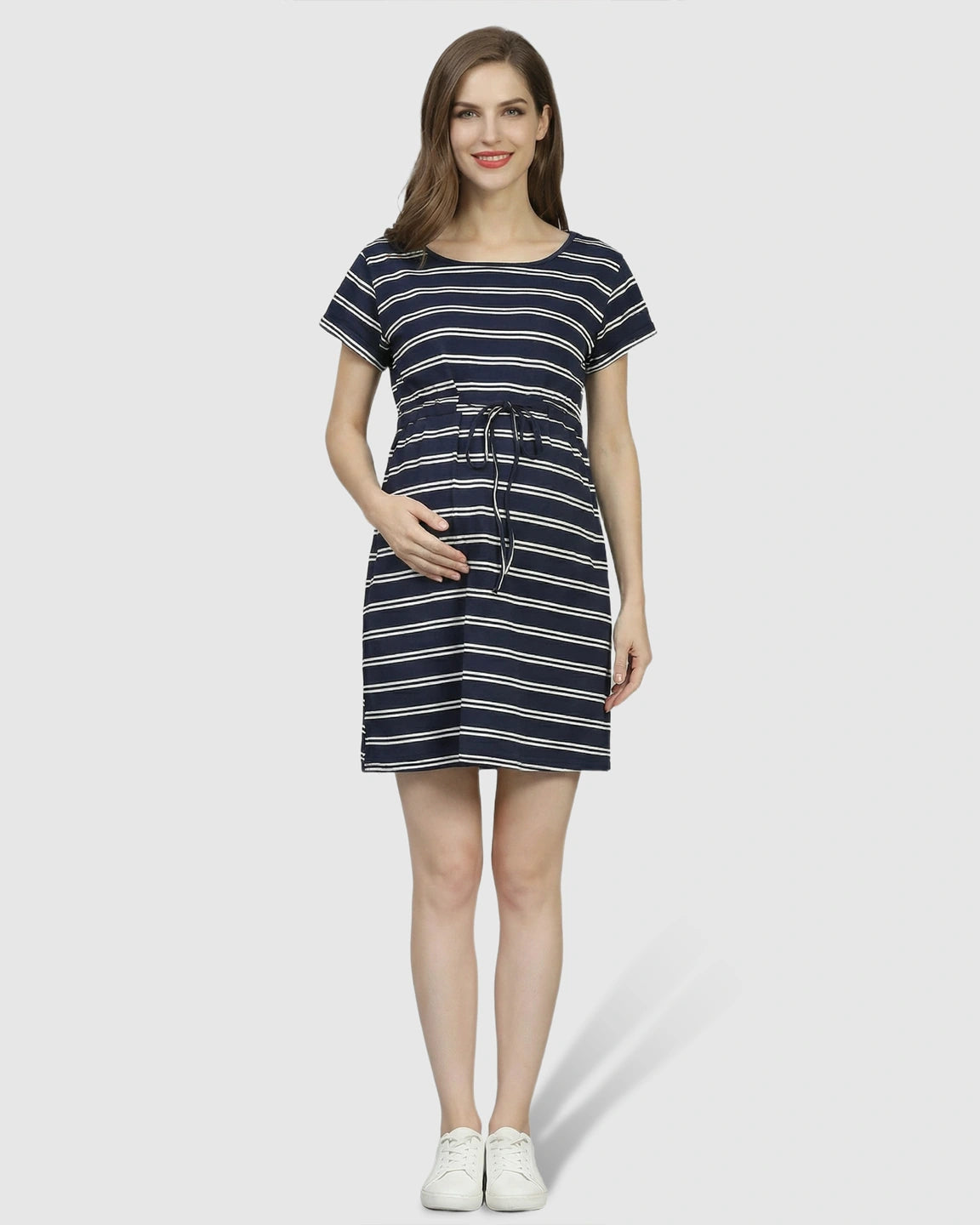 Nautical Striped Drawstring Waist Maternity Dress