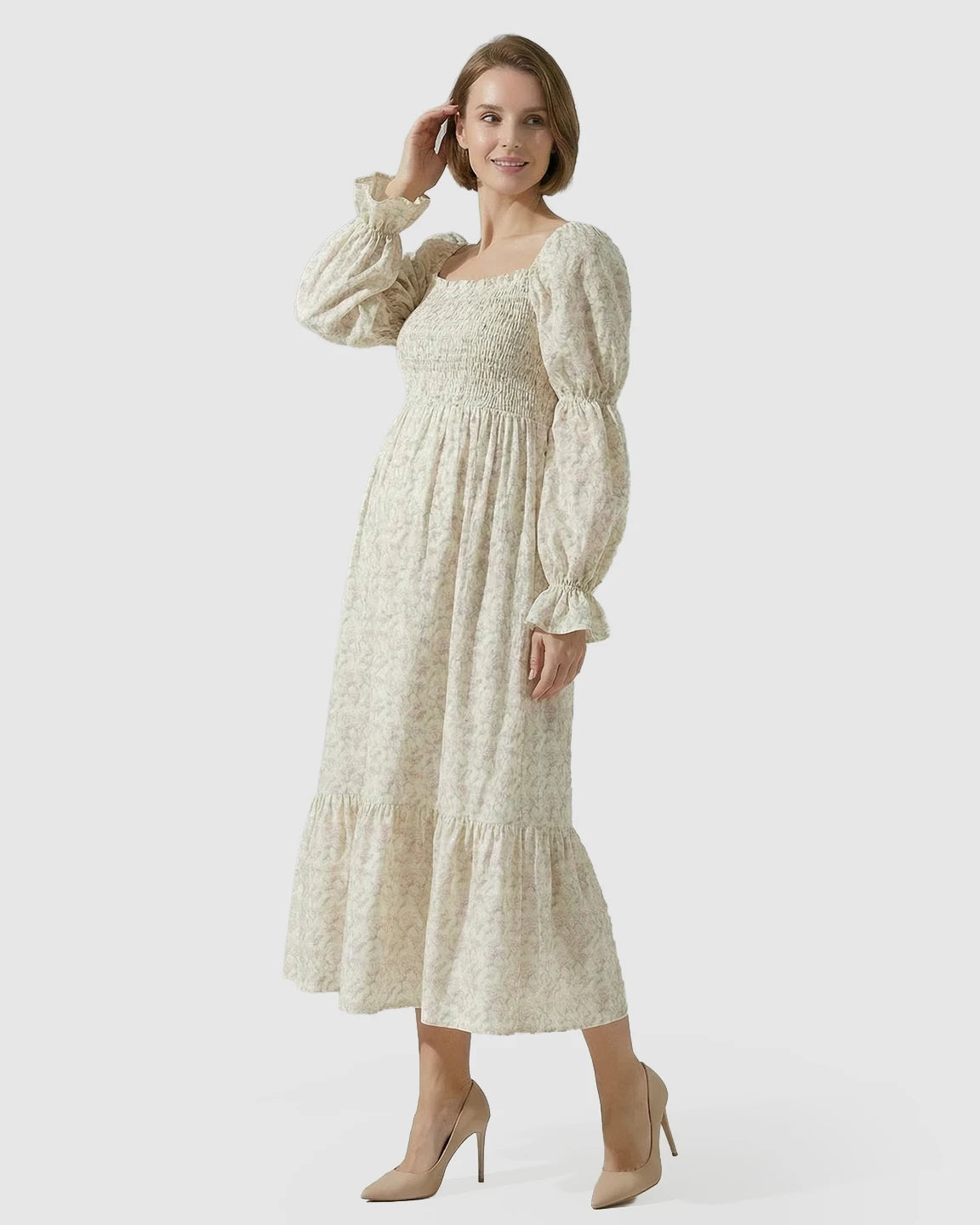 Puff Sleeves Floral Print Maternity Maxi Dress