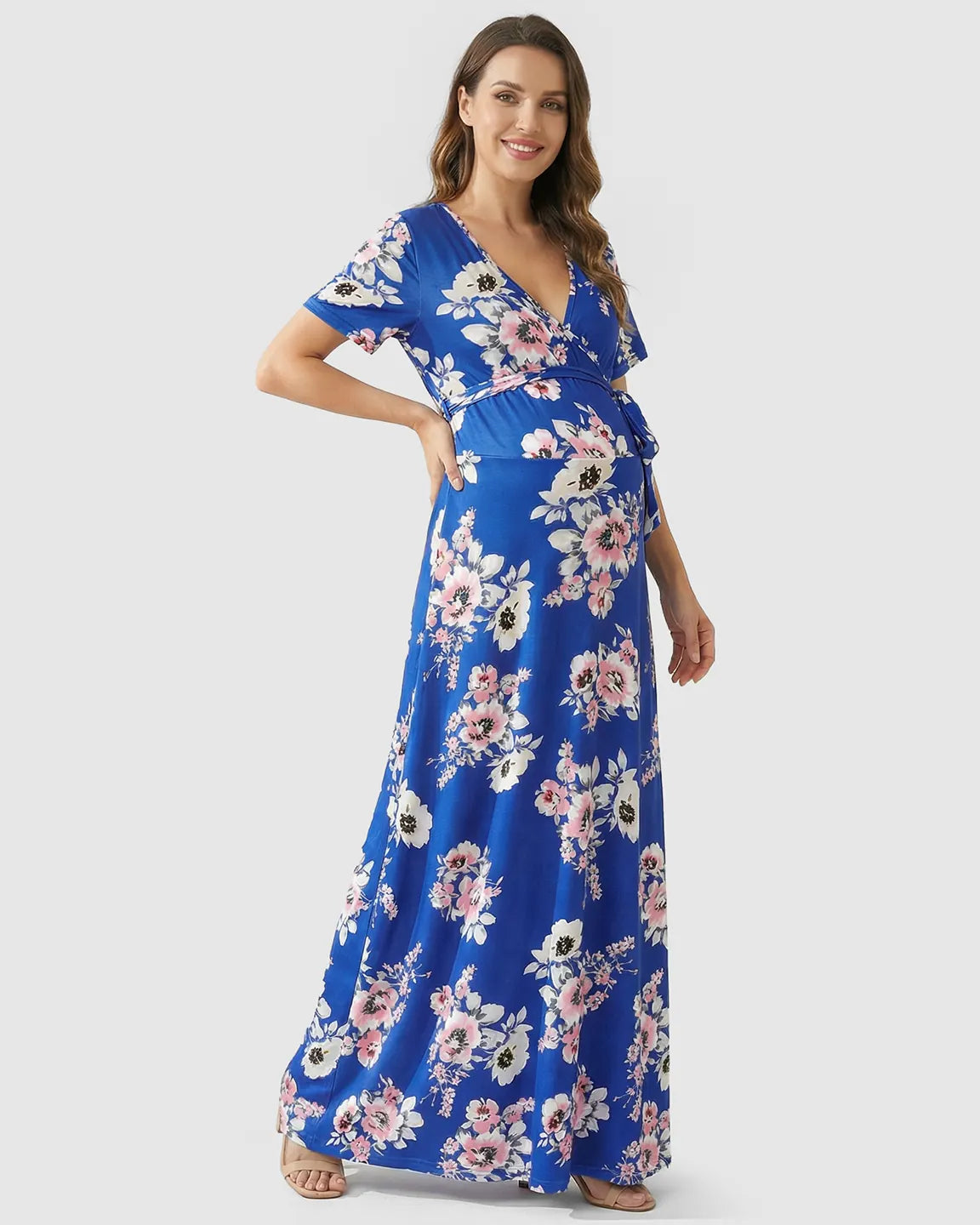 Floral Wrap Waist-Defining Maternity Maxi Dress