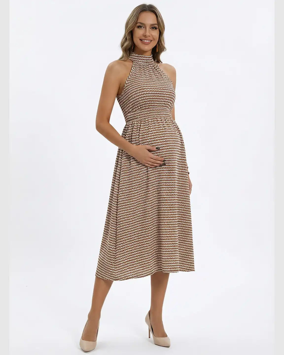 Halter Mock Neck Retro Maternity Midi Dress