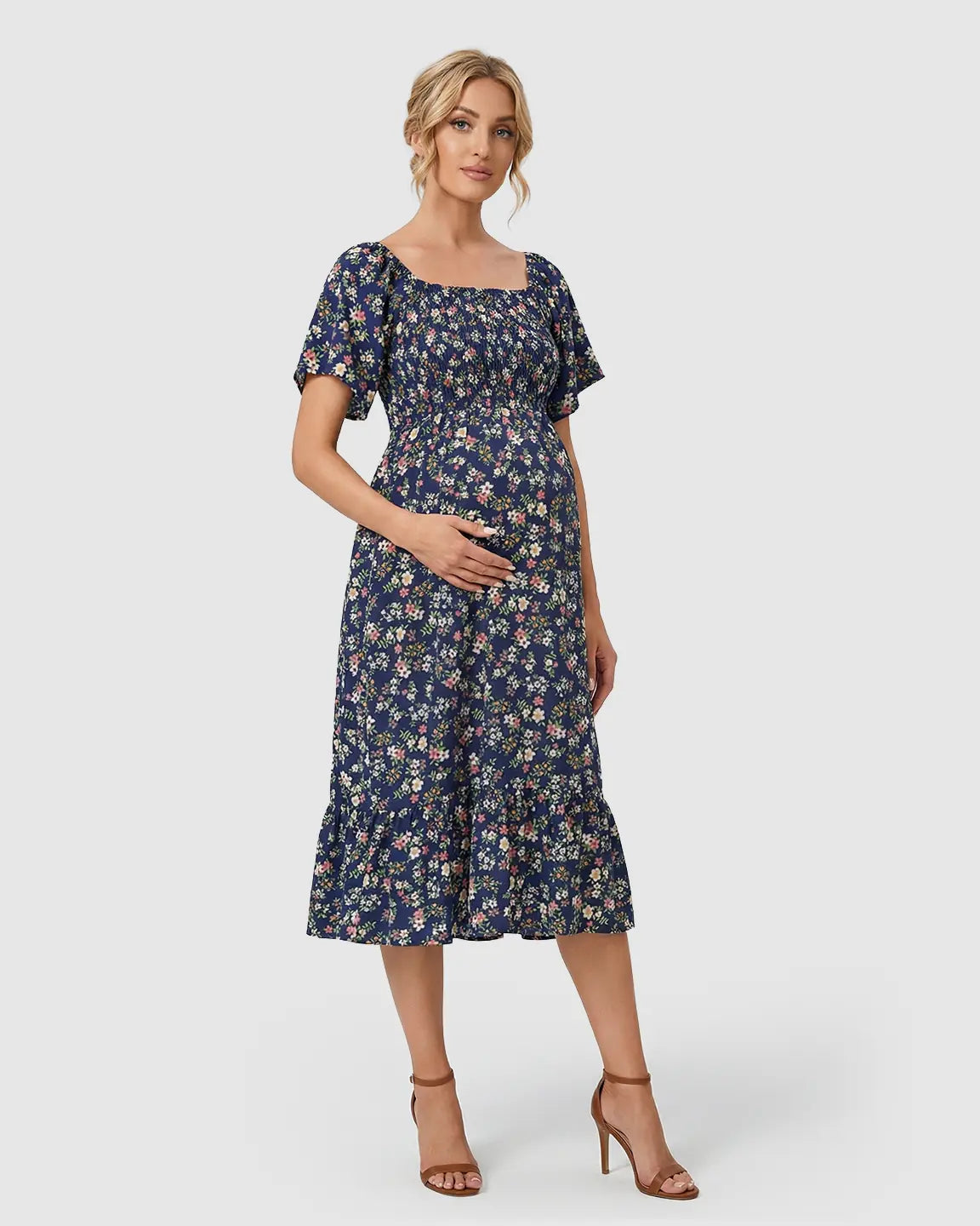 Floral Off Shoulder Maternity Midi Dress