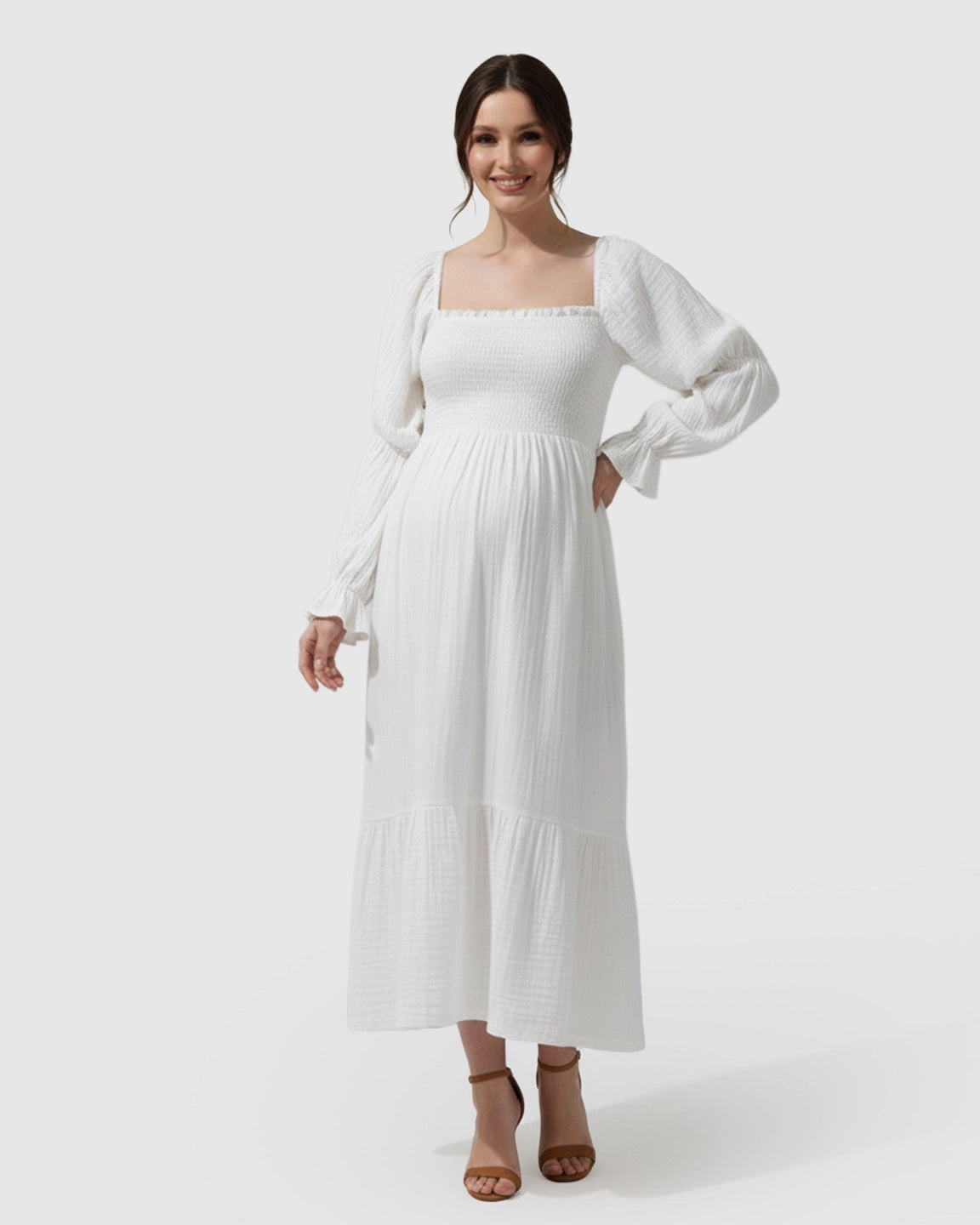 Puffed Long-Sleeve Tiered Skirt Maternity Maxi Dress
