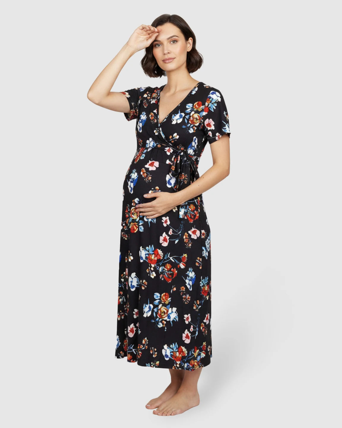 V-Neck Wrap Style Floral Maternity Maxi Dress
