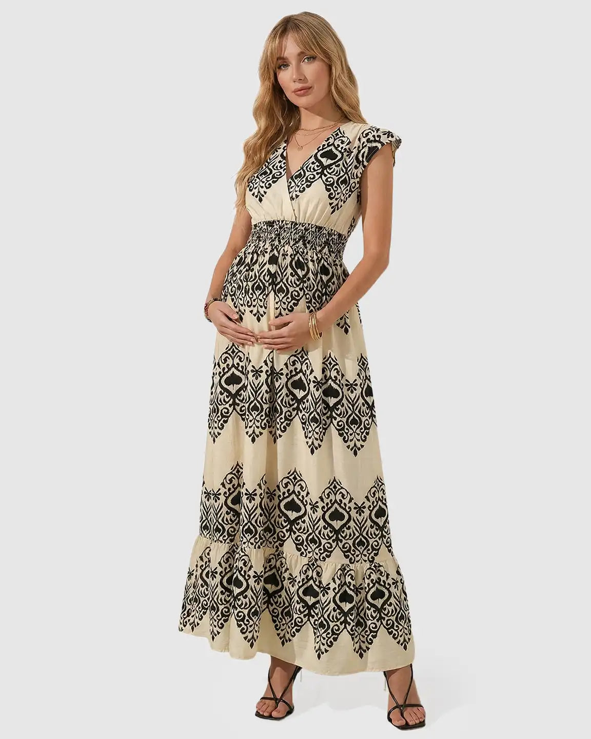 V-neck Ethnic Print Maternity Maxi Dress