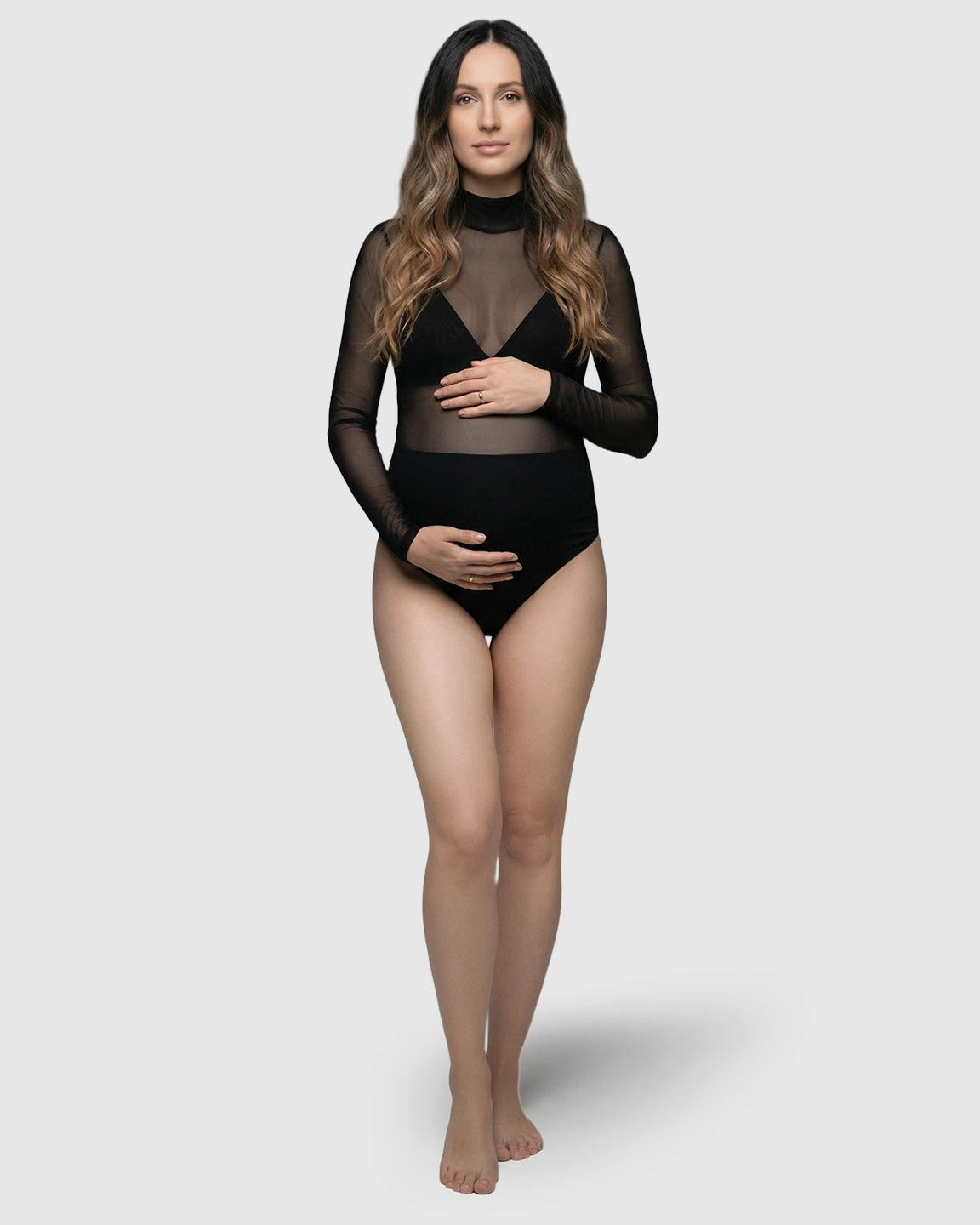 Long-Sleeve Sheer Mesh Bodycon Maternity Photoshoot Bodysuit