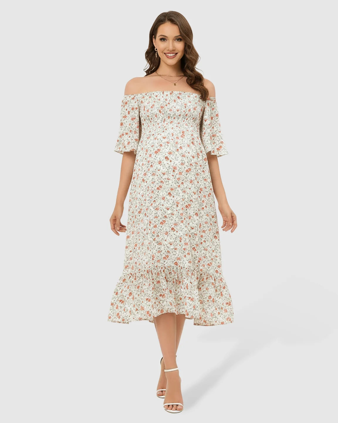 Off-Shoulder Boho Maternity Midi Dress