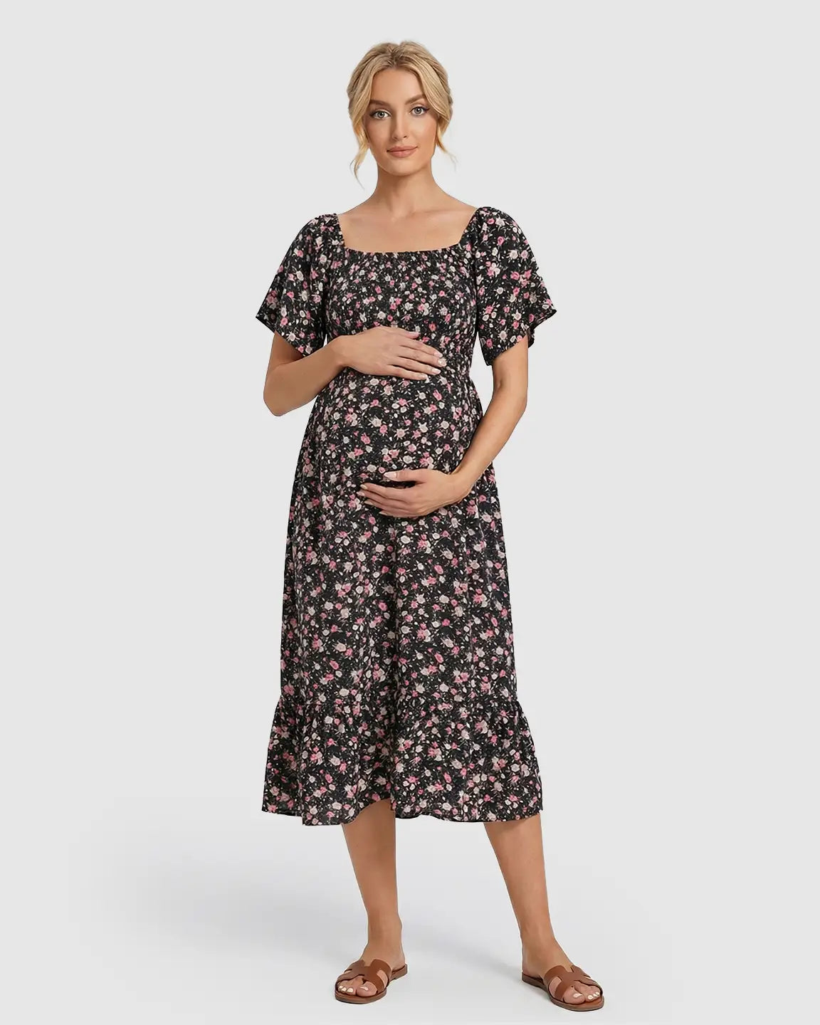 Floral Print Flowy Skirt Maternity Midi Dress