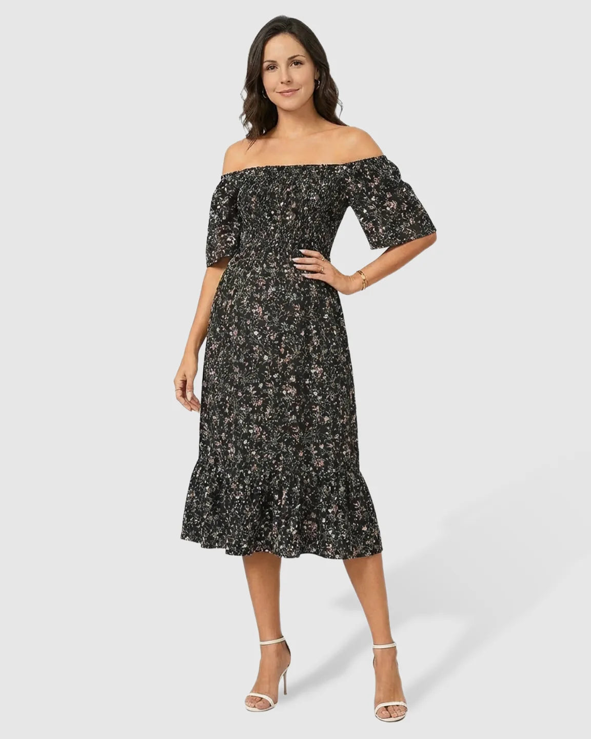 Smocked Bodice Off-Shoulder Maternity Midi Dress