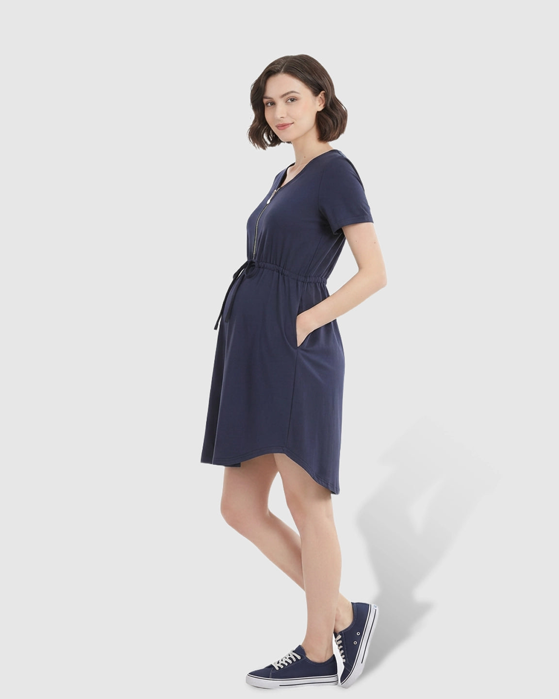 Zip-Up Nursing Drawstring-Waist Maternity Mini Dress
