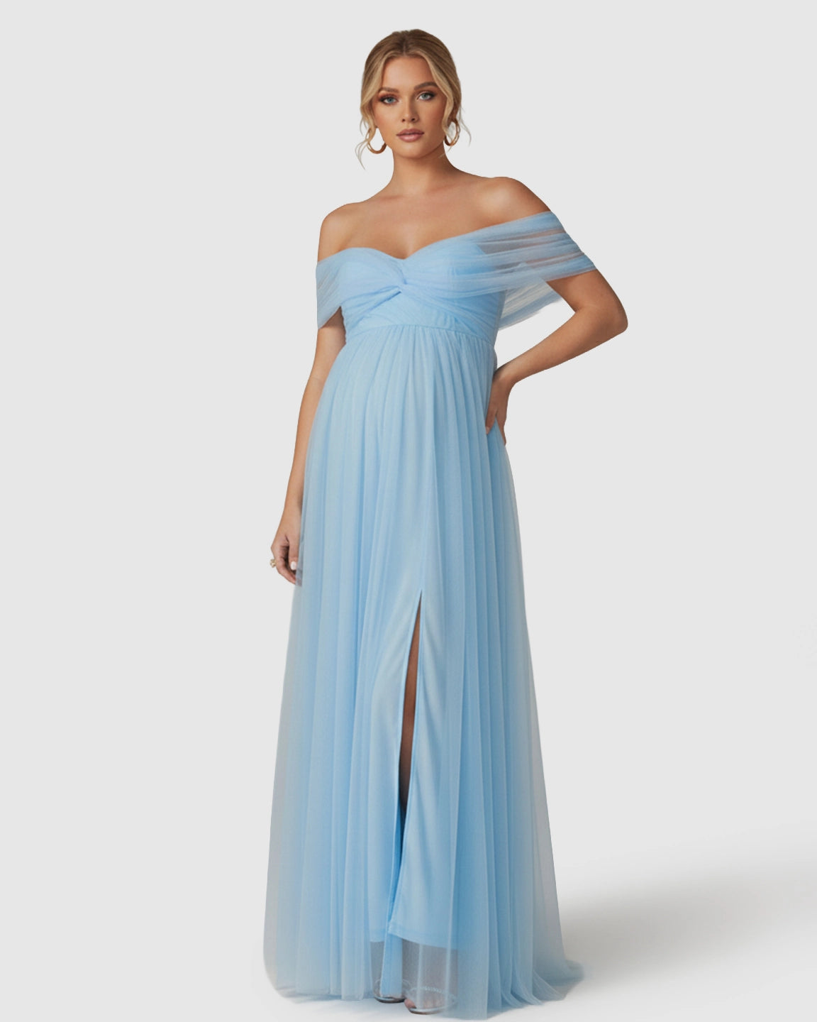 Bardot Neckline Flowy Maternity Evening Gown