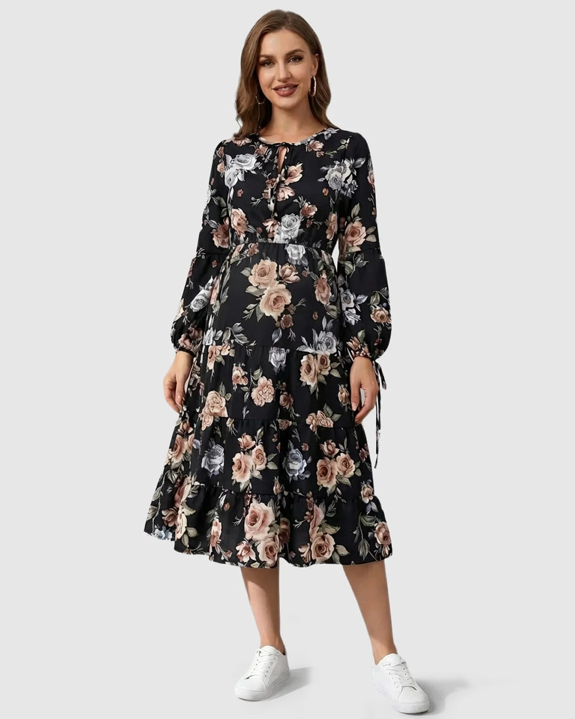 Floral Tiered Hem Boho Maternity Midi Dress