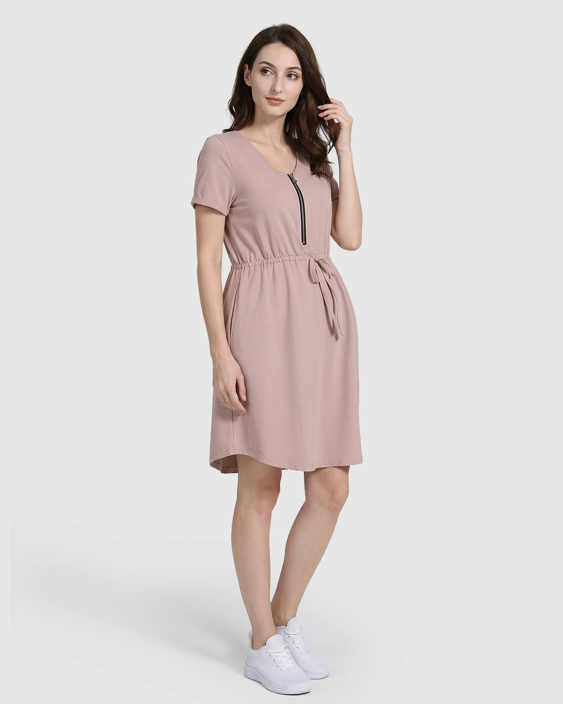 Short-Sleeve Front Zip Maternity & Nursing Dress