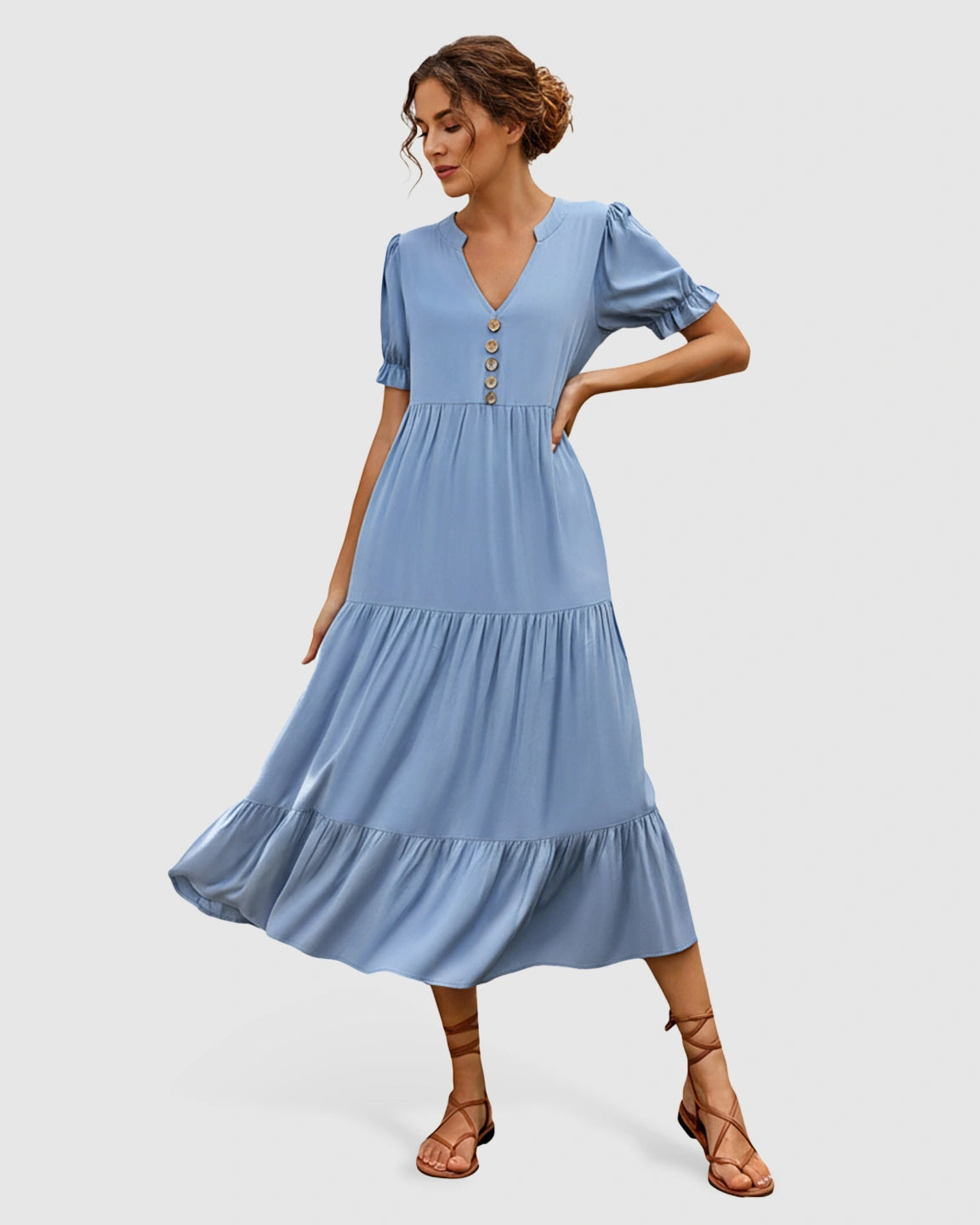 Stand-up Collar Tiered Skirt Maternity Midi Dress