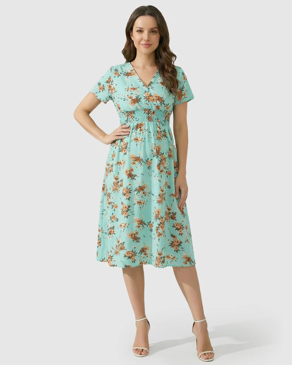 V-Neckline Floral Print Maternity Midi Dress